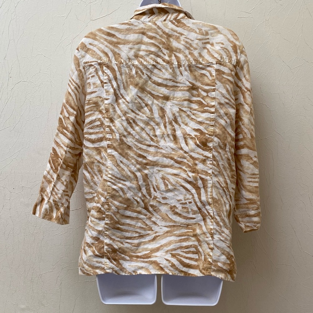 JM Collection Women’s Size 14 Tan/Cream Animal Print 100% Linen Top Blouse Shirt - Picture 2 of 7